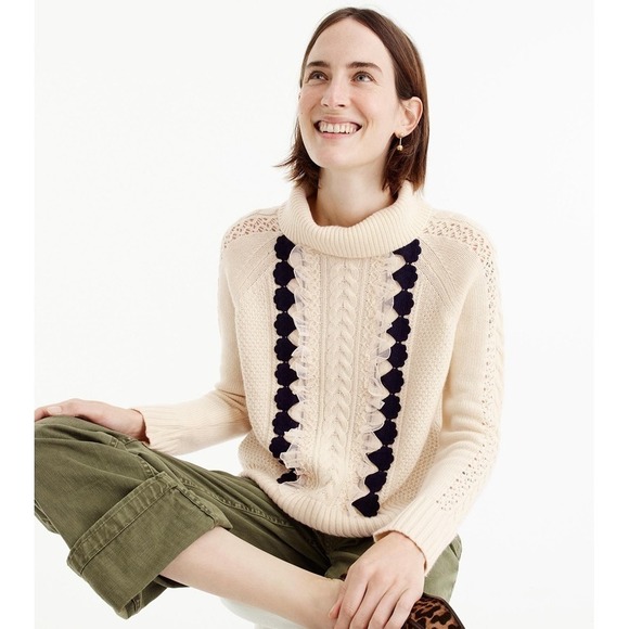 J.CREW Sweaters - J.Crew Sweater Women Small Cream Cable Knit Ruffle Turtleneck Wool Blend NWT $89